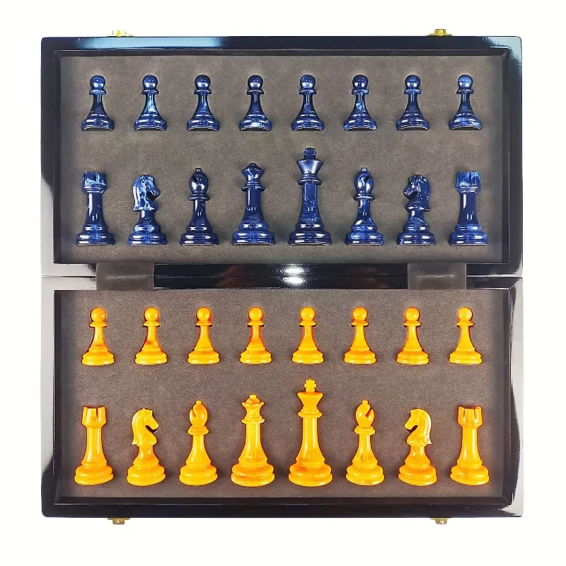 

15-Inch Wooden Foldable Chess Set - Glossy Board with Jade-like Pieces for Table Game Play
