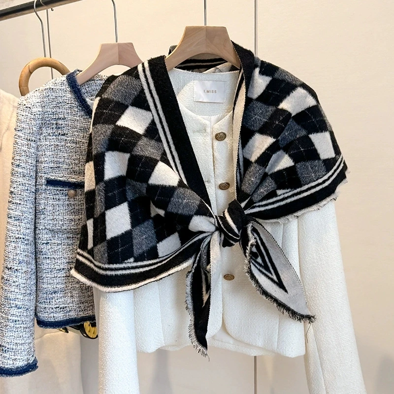 Damska dwustronna chusta trójkątna z imitacji kaszmiru, peleryna, okrycie wierzchnie, ciepła chusta w szachownicę, szale i etole.