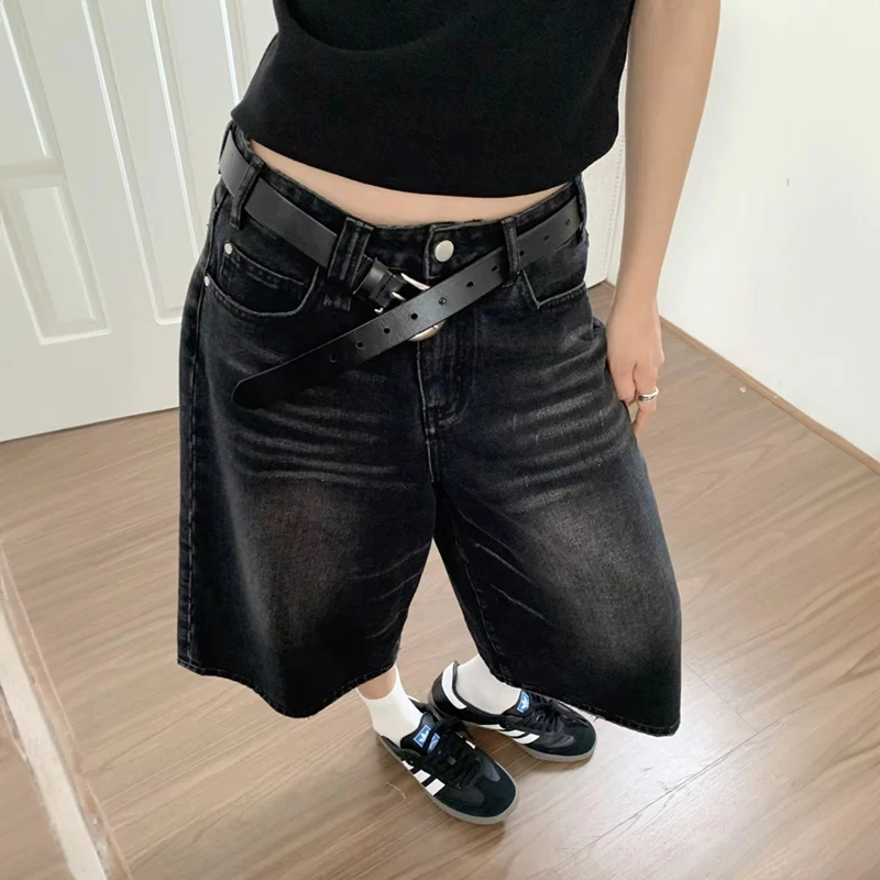 Short Baggy en Denim Noir pour Femme, Pantalon Court à Jambes Larges, Taille Haute, Délavé Foncé, Longueur Genou, Décontracté, à la Mode, Y2k