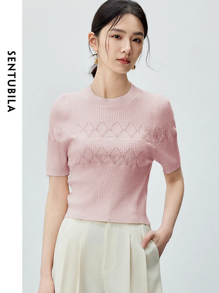 Sentubila argyle aushöhlen gestrickte Pullover 2024 Sommer Rundhals ausschnitt einfache gerade gestrickte Kurzarm oberteile Kleidung w42h55119