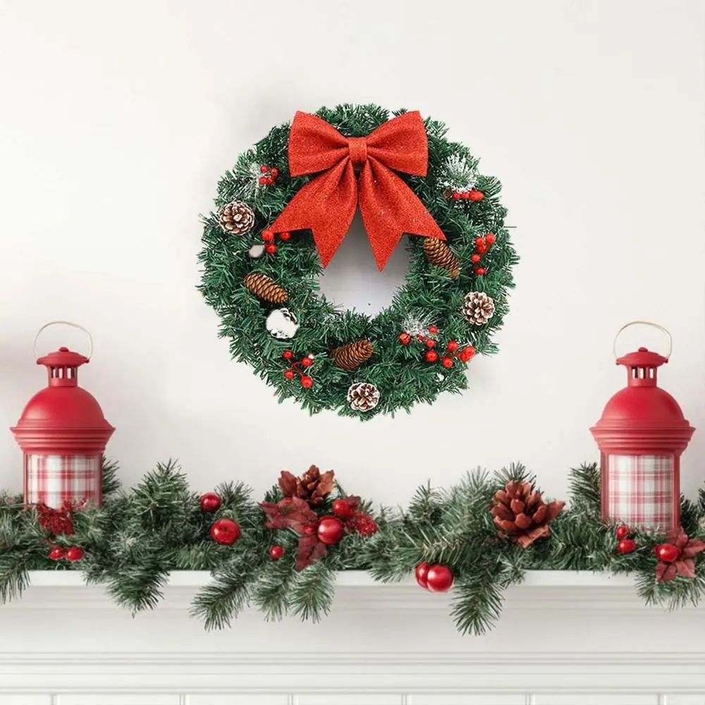 Luminous พวงหรีดคริสต์มาส 40 ซม.Glitter Bow Xmas Garland Light ประดิษฐ์สาขา Pine Cone คริสต์มาสแขวนตกแต่ง