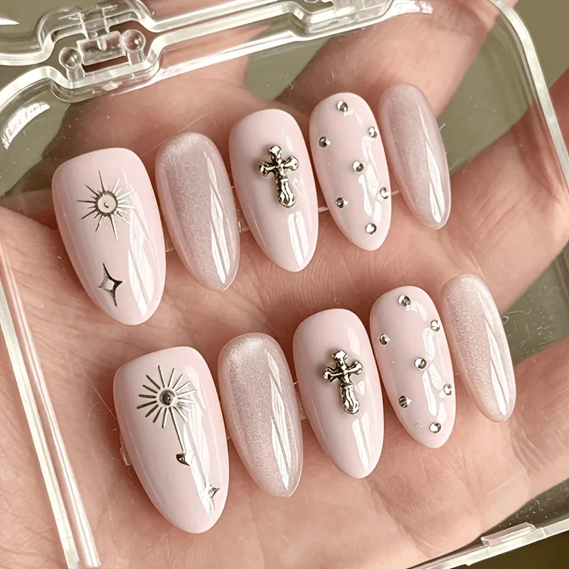 10 Pieces of Almond-Shaped Nude Pink Cross-Rhinestone Handmade Press-On Nails, a Y2K Sweet and Cool Girl Style Essential; Featur