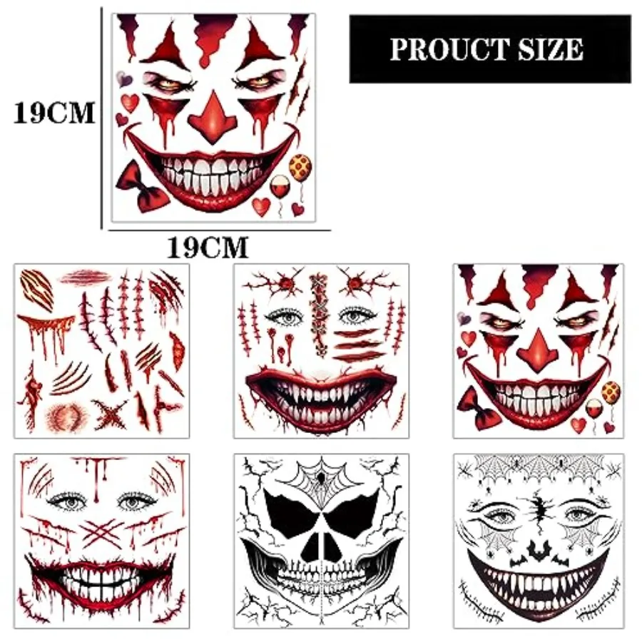 5 Sheets Halloween Scary Face Tattoos+1 Sheet Fake Scars Stitches Tattoo, Bloody Mouth Tattoo, Halloween Zombie Make Up, Fake W