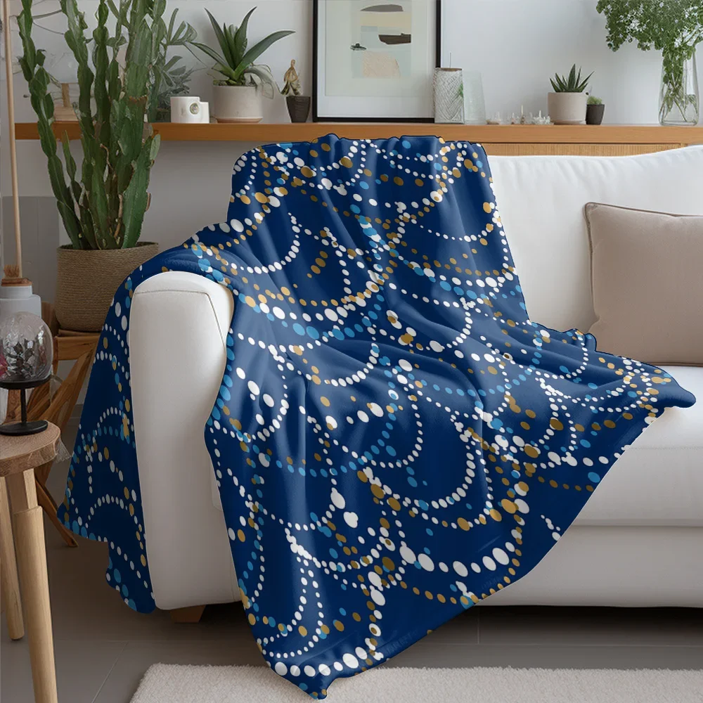 Navy Blue Polka Dot Fleece Blanket, Gold White Swirl Pattern Design, Modern Art Throw for Contemporary Living Room Decor