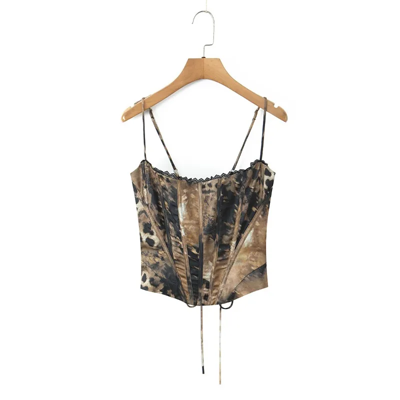 Leopard Print Lace Patchwork Satin Fishbone Corset Crop Tops Women Fashion Sexy Spaghetti Straps Grommet Lace Up Backless Camis