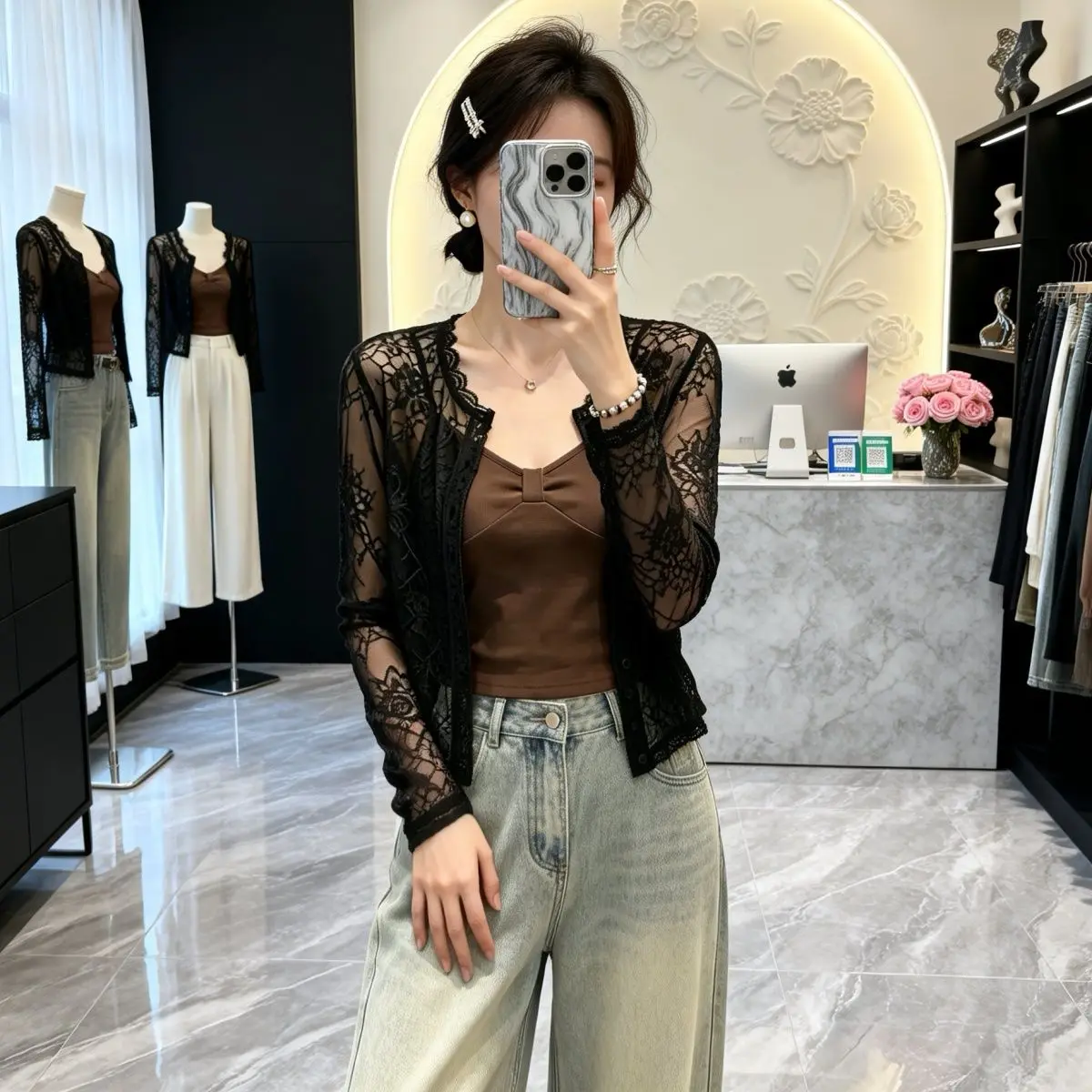 Summer New Style Black Lace Open Cardigan Women's Long Sleeve Lightweight Mesh Transparent Fairy Tale Top Fashionable Trendy