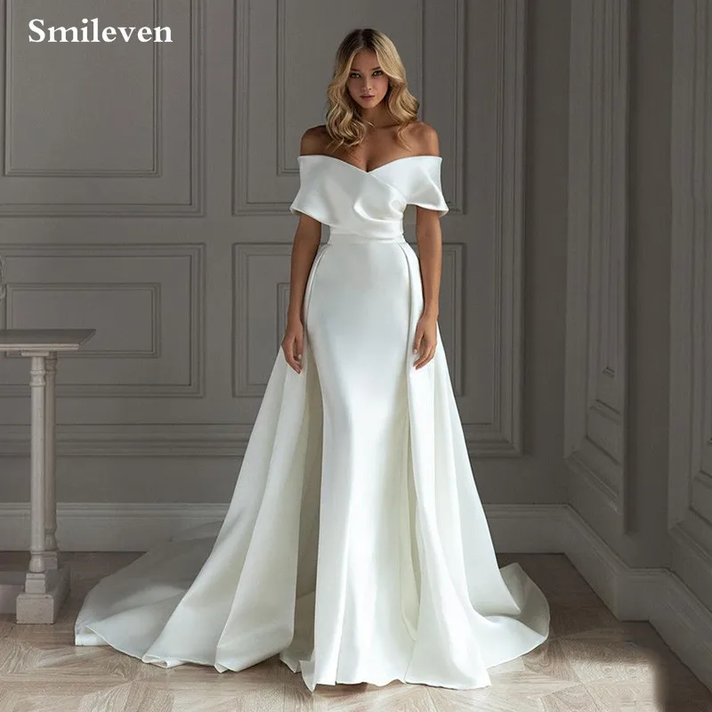 

Smileven Sleeveless Mermaid Wedding Dress Soft Satin Off The Shoulder With Train Bride Dresses Vestido de novia 2024 Customized