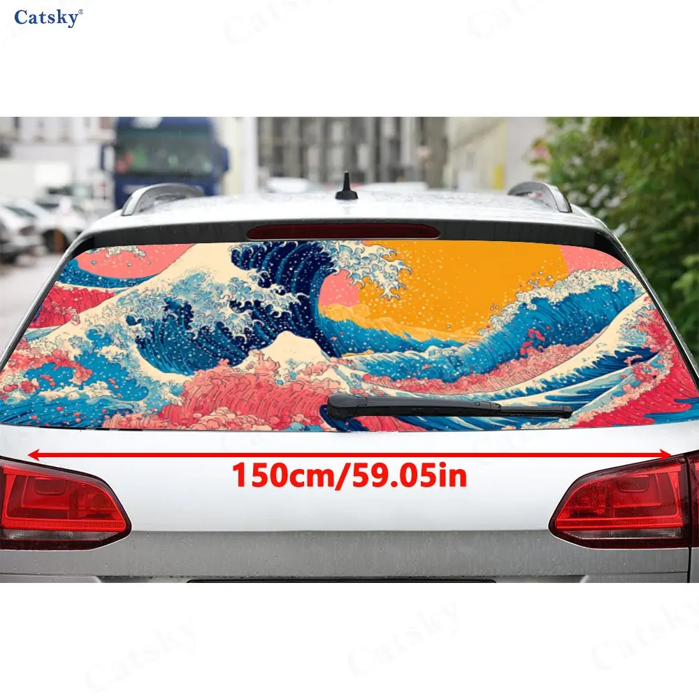 Bunte The Great Wave Ukiyo-e Art PVC-perforierte Auto-Vinylfolien, langlebiger Auto-Heckscheibenaufkleber, wasserdichter Auto-Heckwin