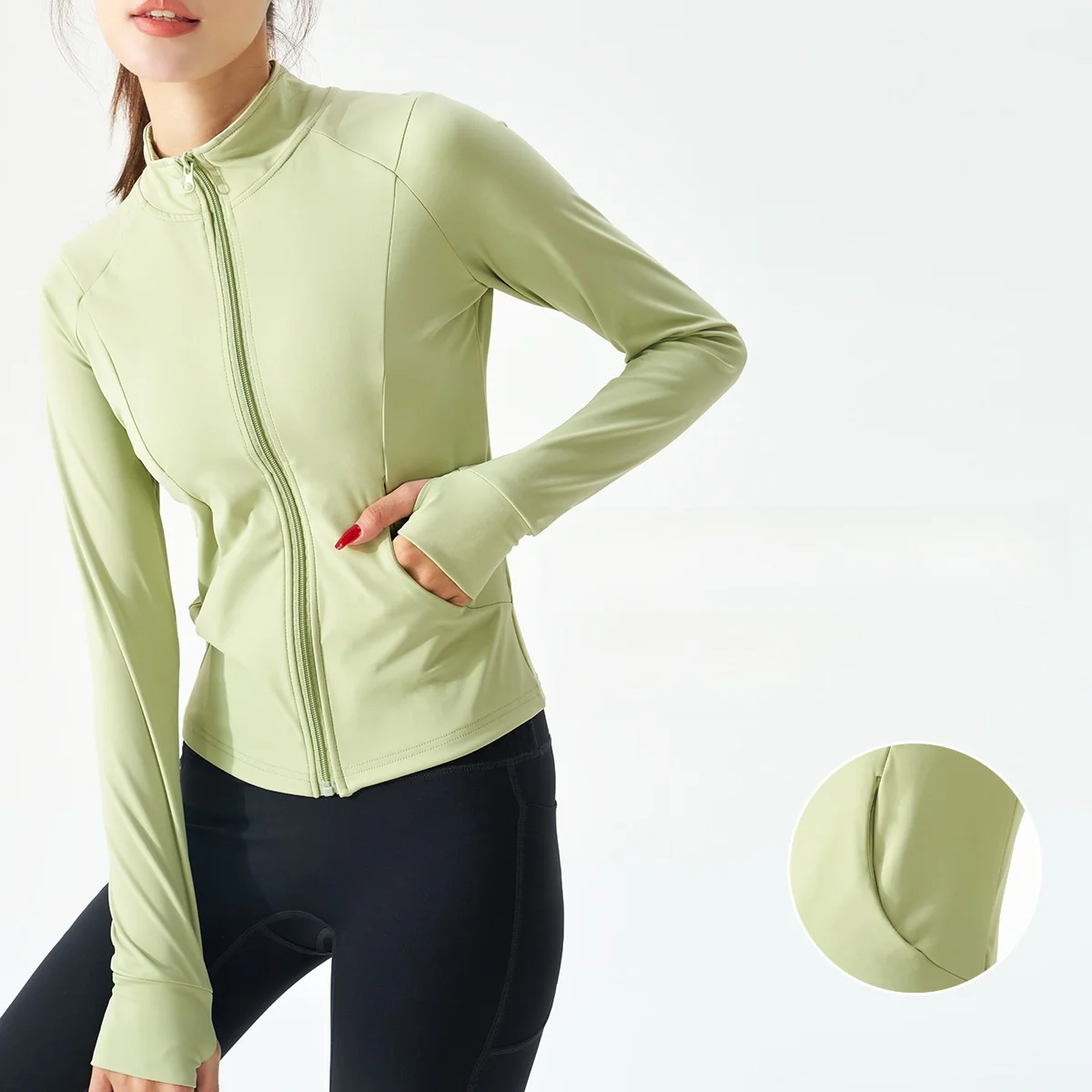 سترة رياضية نسائية بأكمام طويلة، سحاب ضيق، كاجوال بقصة ضيقة، ملابس لليوجا واللياقة البدنية للجري والتدريب في الخريف #2