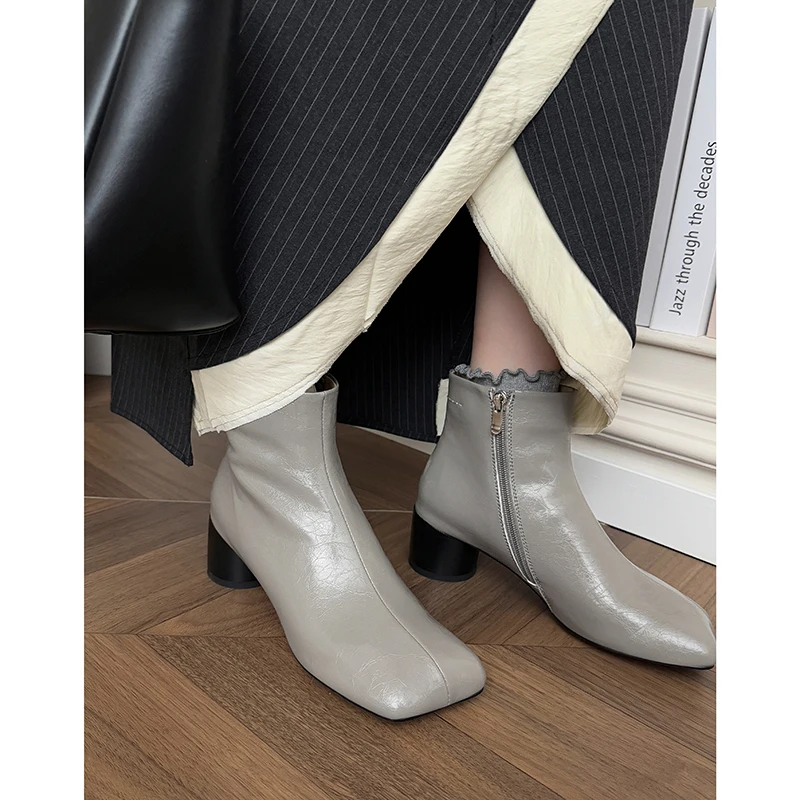 

2026, осенне-зимние женские ботильоны из натуральной кожи, современные ботинки из воловьей кожи с квадратным носком, круглый каблук, короткие ботинки на молнии сбоку