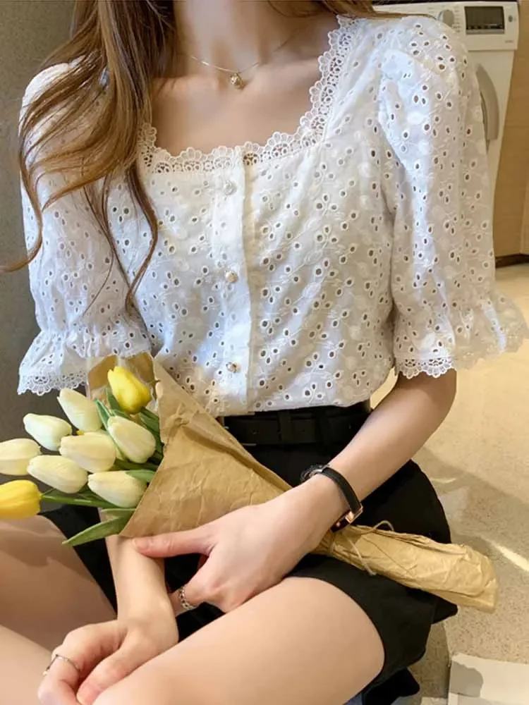 Summer Vintage Square Collar White Shirt Short Sleeve Hollow Out Elegant Women Blouse Clothes Lace Loose Tops 13934