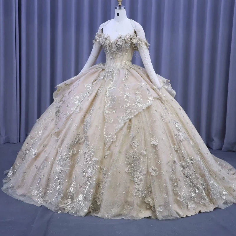 

Champagne Shiny Quinceanera Dresses Off The Shoulder Applique Flower Beading Crystal Tull Party Birthday Sweet 16 Dress Vestidos