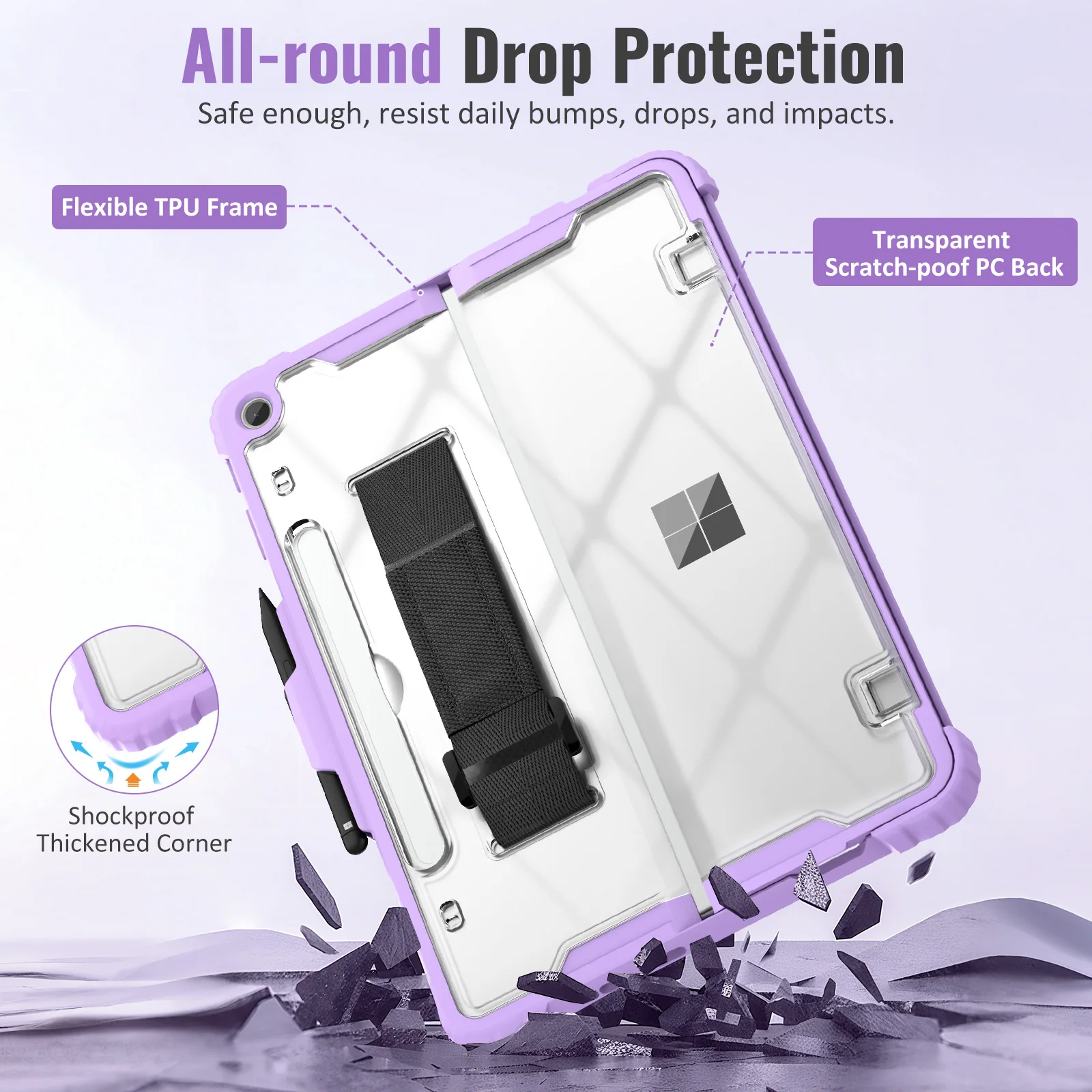 

Case for Microsoft Surface Pro 12 Inch 2025 with Pen Holder,Rugged Clear Back Protective Cover with Removable Hand Strap for pro