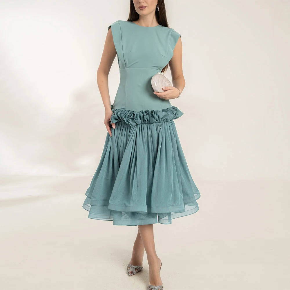 

Fashion Blue Organza Evening Dress Classic O-Neck Ruffles Customized Special Occasion Gowns Temperament Sleeveless Party Dresses
