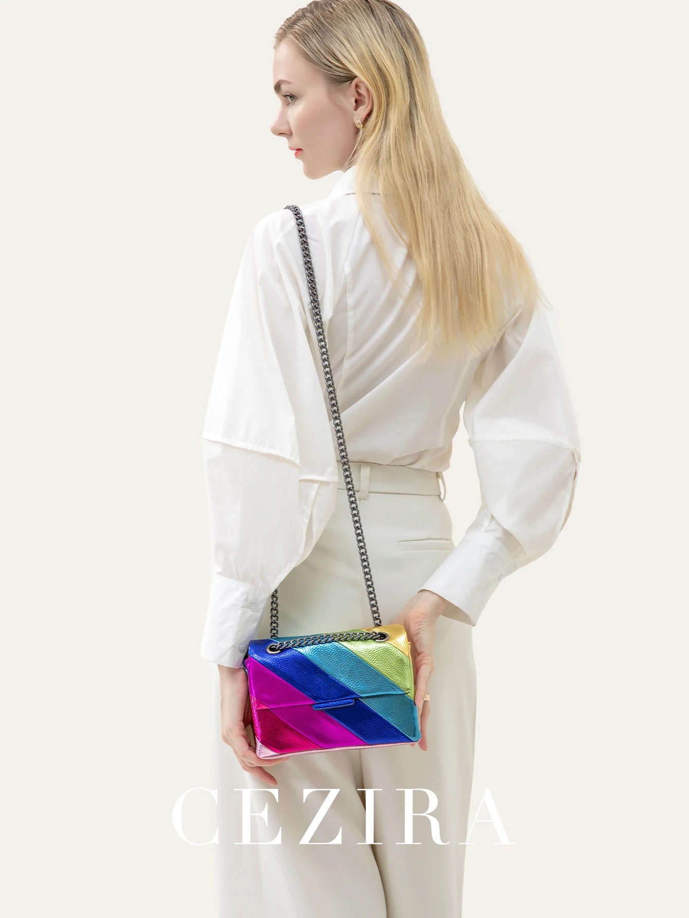 CEZIRA moda damska metaliczne tęczowe paski PU wegańska skórzana torba mała kwadratowa klapka magnetyczna metalowy łańcuszek krzyżowy