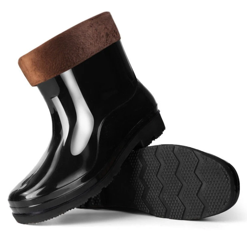 

Короткие зимние теплые мужские туфли на флисовой подкладке, галоши для городской рыбалки, новые модные резиновые сапоги высокого качества на низком каблуке для мужчин