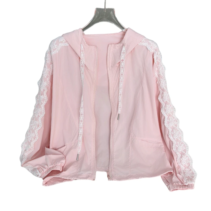 

Summer Outdoor Women's Lace Spliced Sunblock Ice Silk UV Protection Light Jacket Sports Jacket with Hats Female Top Coat