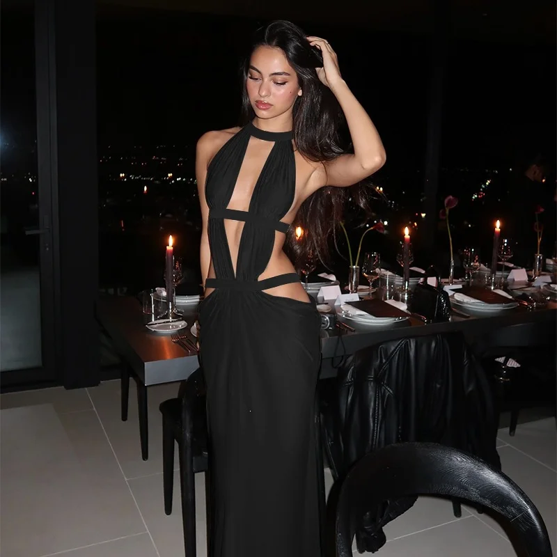 Damen Neckholder-Maxikleid mit Cut-Outs, sexy, rückenfrei, lang, figurbetont, ärmellos, gerafft, für Abendpartys und Clubbesuche