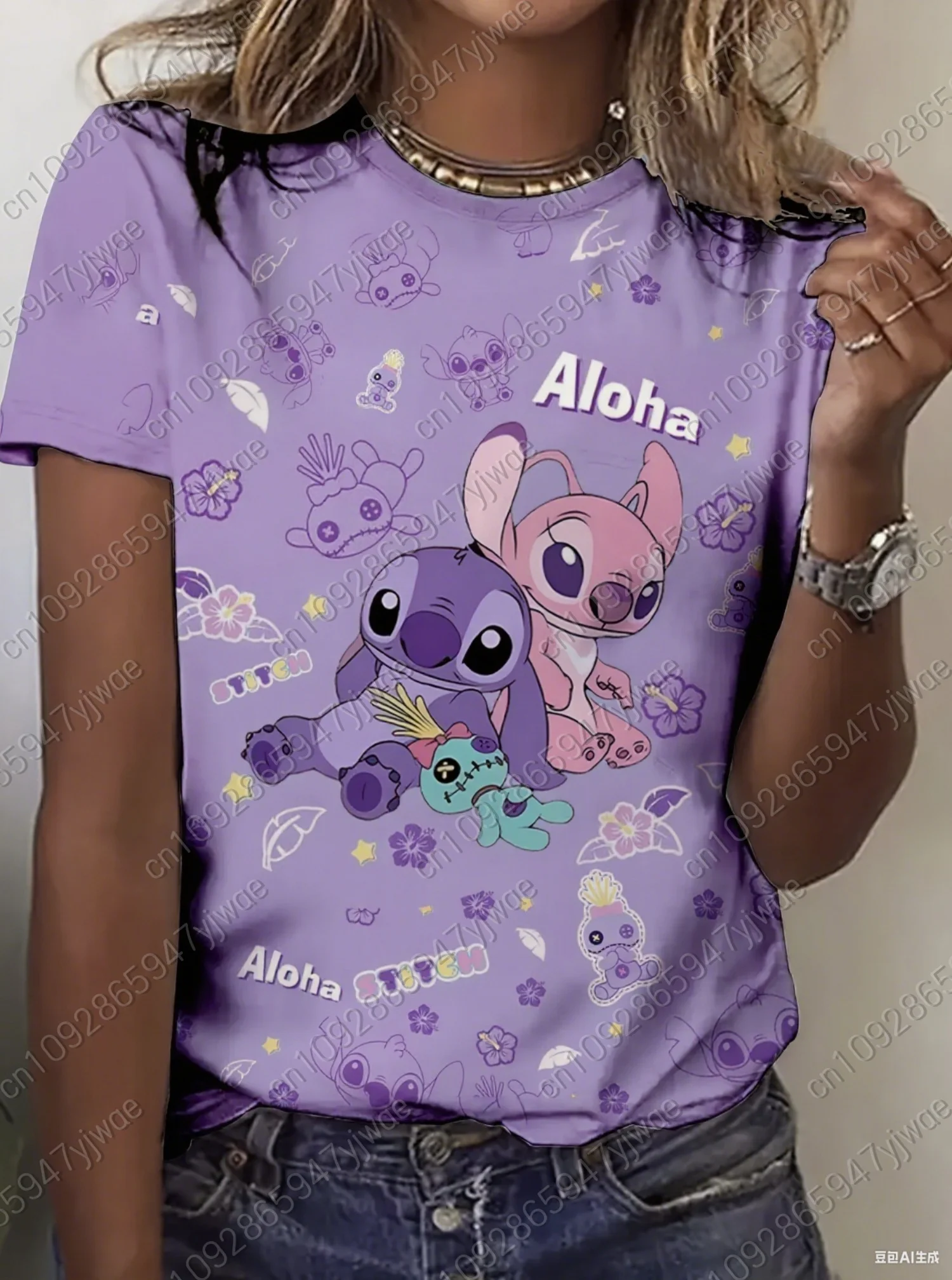 الصيف المرأة Kawaii غرزة طباعة جولة الرقبة قصيرة الأكمام تي شيرت اليومية أعلى الإناث الإبداع الشارع تي شيرت