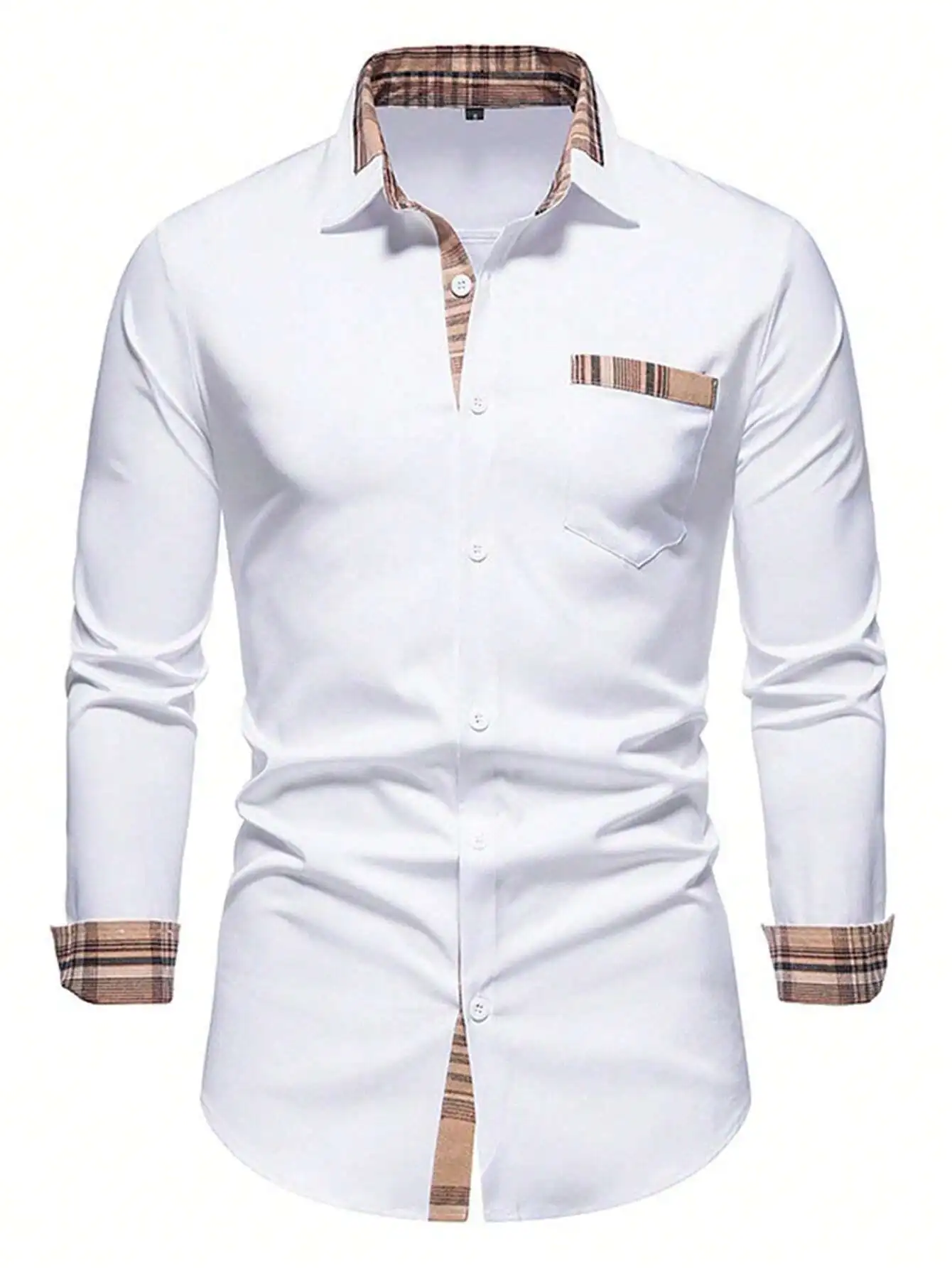 

Men's White Long Sleeve Casual Shirt with Plaid Trim Collar Cuffs Pocket