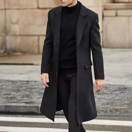 Imagen 2 del producto Otoño Invierno abrigo de lana para hombre chaquetas de lana de manga larga sólidas abrigo de lana para hombre ropa de calle gabardina larga de moda prendas de vestir exteriores