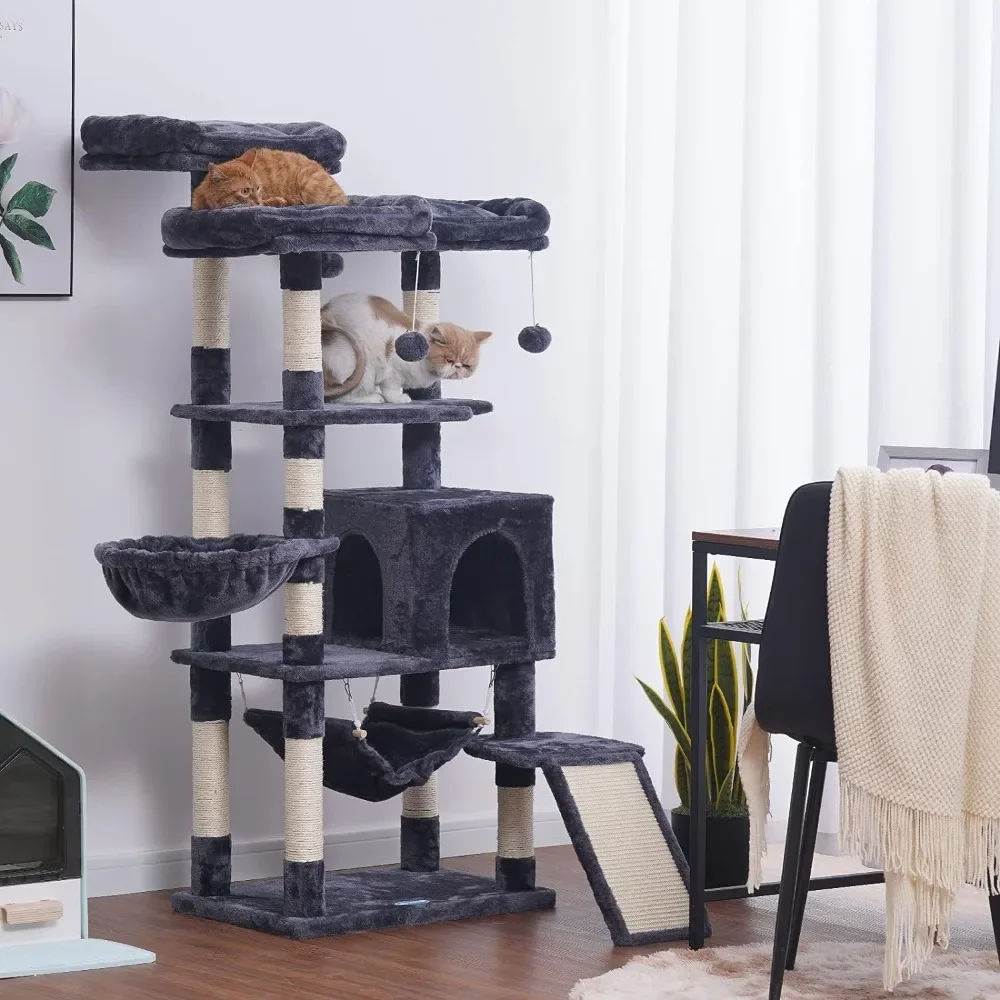 Multi-Level Cat Tree, Large Cat Tower with Bigger Hammock, 3 Cozy Perches, Scratching Posts, Stable for Kitten/Gig Cat Smoky