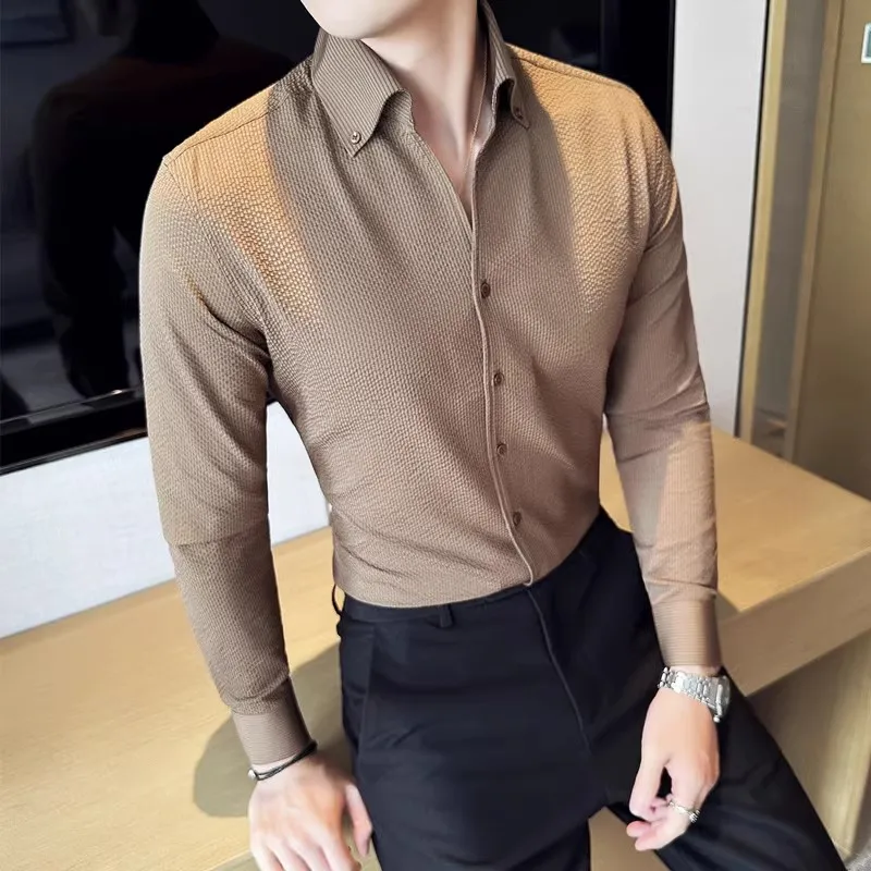 

High Quality Waffle Shirt Men's Solid Color Long Sleeve Shirts Men Smart Casual Slim Fit Turn Down Collar Fashion Blouse For Man