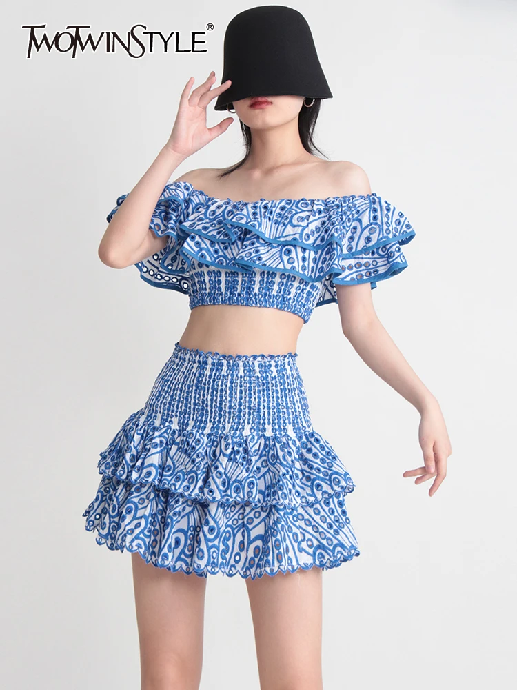 

TWOTWINSTYLE Slimming Two Piece Set For Women Slash Neck Short Sleeve Top High Waist A Line Skirt Patchwork Ruffles Sets Female