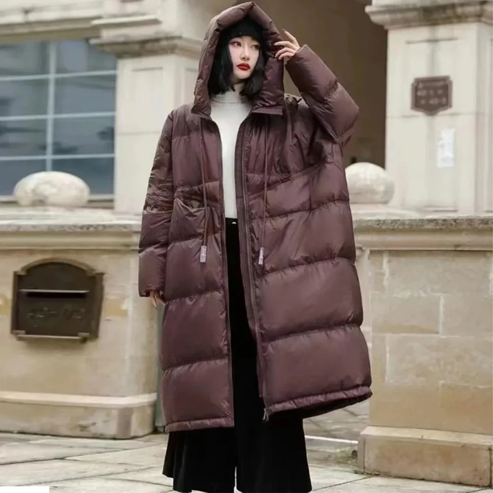 2024 New White Duck Down Jacket Hooded Winter Women Oversize Long Puffer Coat Female Thick Warm Loose Parkas Outwear Pockets