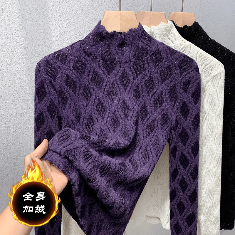 Camisa básica de encaje cepillado de gama alta, cuello semialto de terciopelo, moda y elegante, manga larga ajustada, novedad de otoño e invierno de 2024