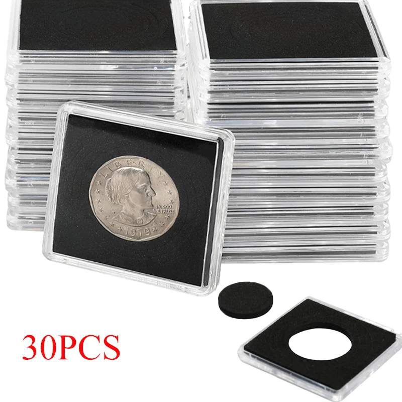 

30PCS Commemorative Coin Snap Box with Black Adjustable Padded Foam Collectible Different Size Coins Acrylic Coin Display Box