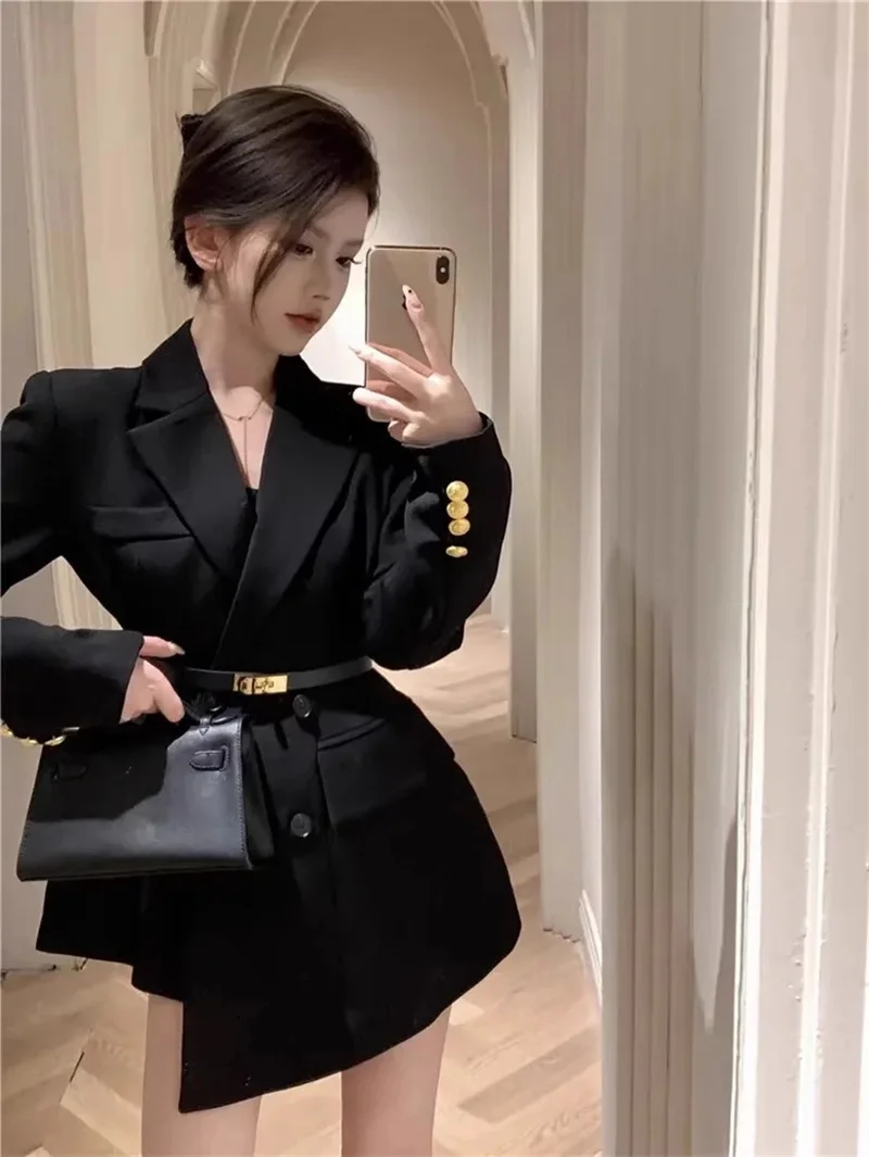 Retro Black Suit Jacket For Women In Autumn 2024 Fashionable And Versatile Irregular Waist Hepburn Style High-end Suit Top P60