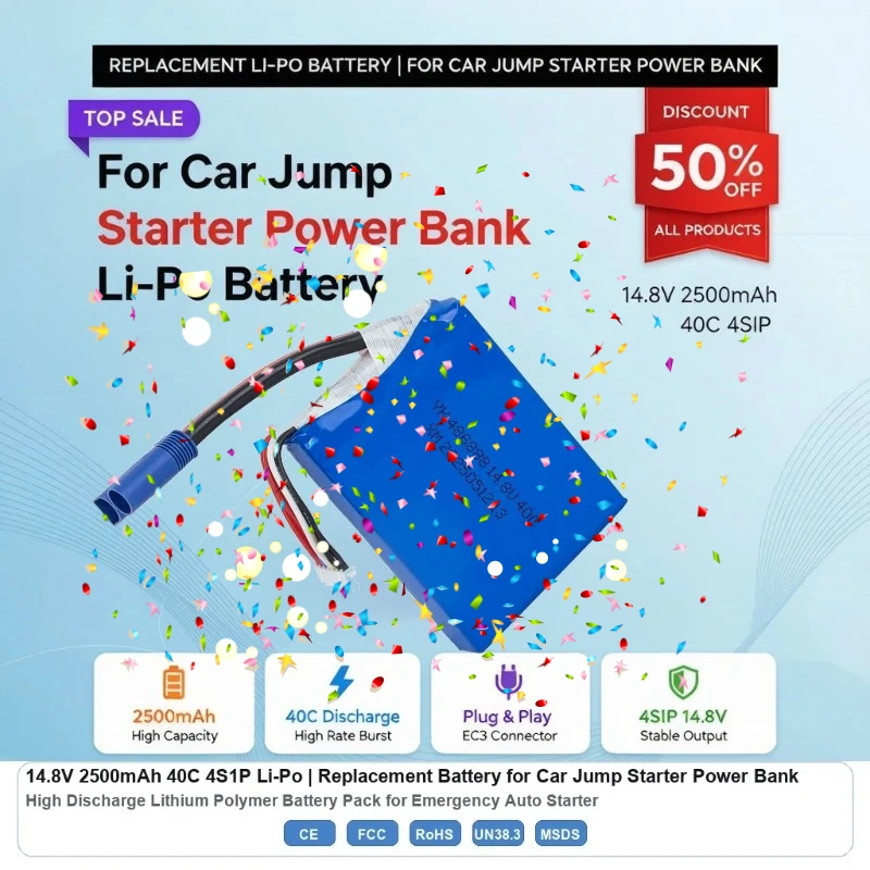 486888 14.8V 2500mAh 40C 4S1P Li-Po Battery for Car Jump Starter Power Bank, High Discharge Replacement Lithium Polymer Battery