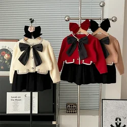 Childrens Clothing Set 2024 Autumn Winter New Girls Sweater Skirt Korean Bow Knitted Fashion Set