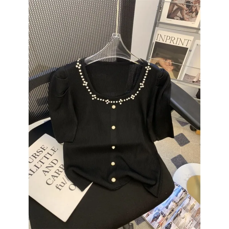 

Women's Elegant O-neck Diamonds Solid Thin Knitted Tops Summer New Fashion Puff Sleeve Slim Commute Short T-Shirt