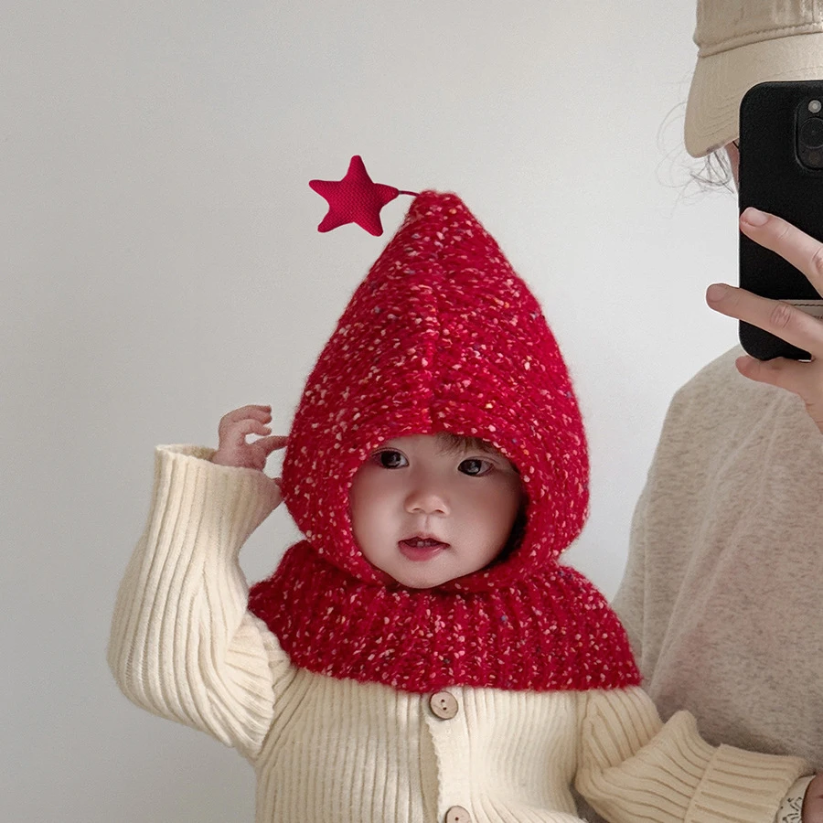 

Xmas Infant Toddler Kids Hat Scarf Girls Christams Red Star Winter Hat Hooded Skull Caps Cute Beanie Cap Soft Warm Knit Caps
