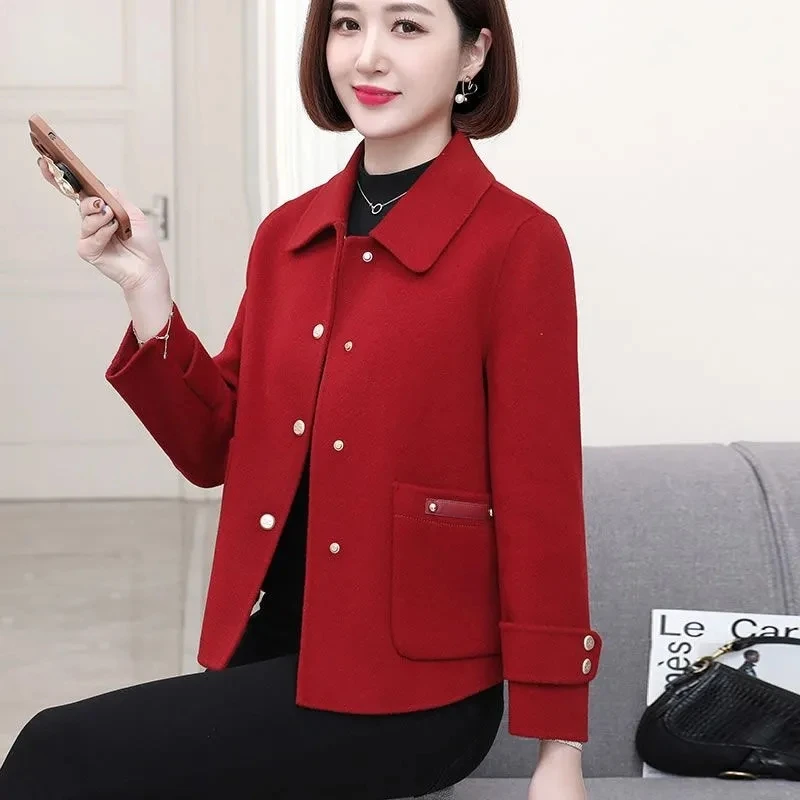 

Elegant Red Short Woolen Jacket 2024 NEW Spring Autumn Slim Women's Woolen Blended Jacket Korean Version Female Coats Tops