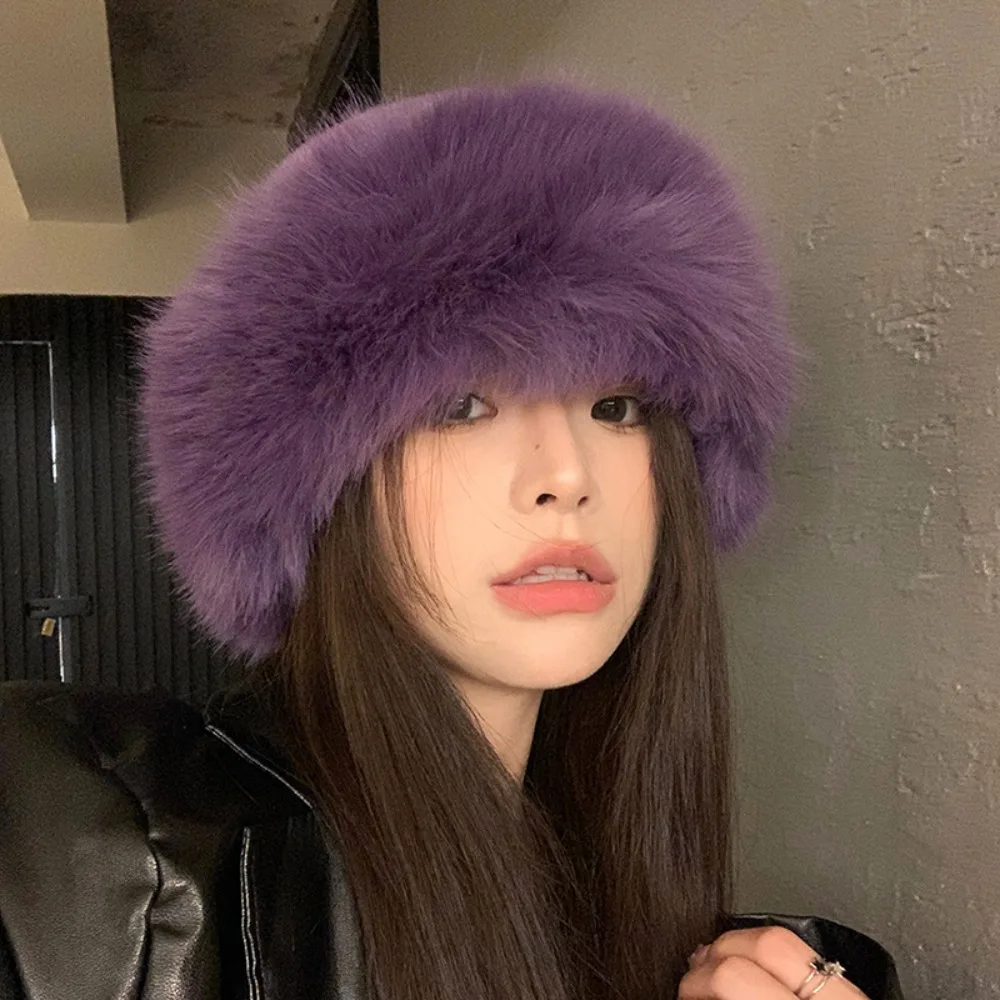 New Warm Fluffy Fur Bucket Hat Cold Thicken Plush Fisherman Hat Cover Head Cap Ear Protection Winter Hat Women