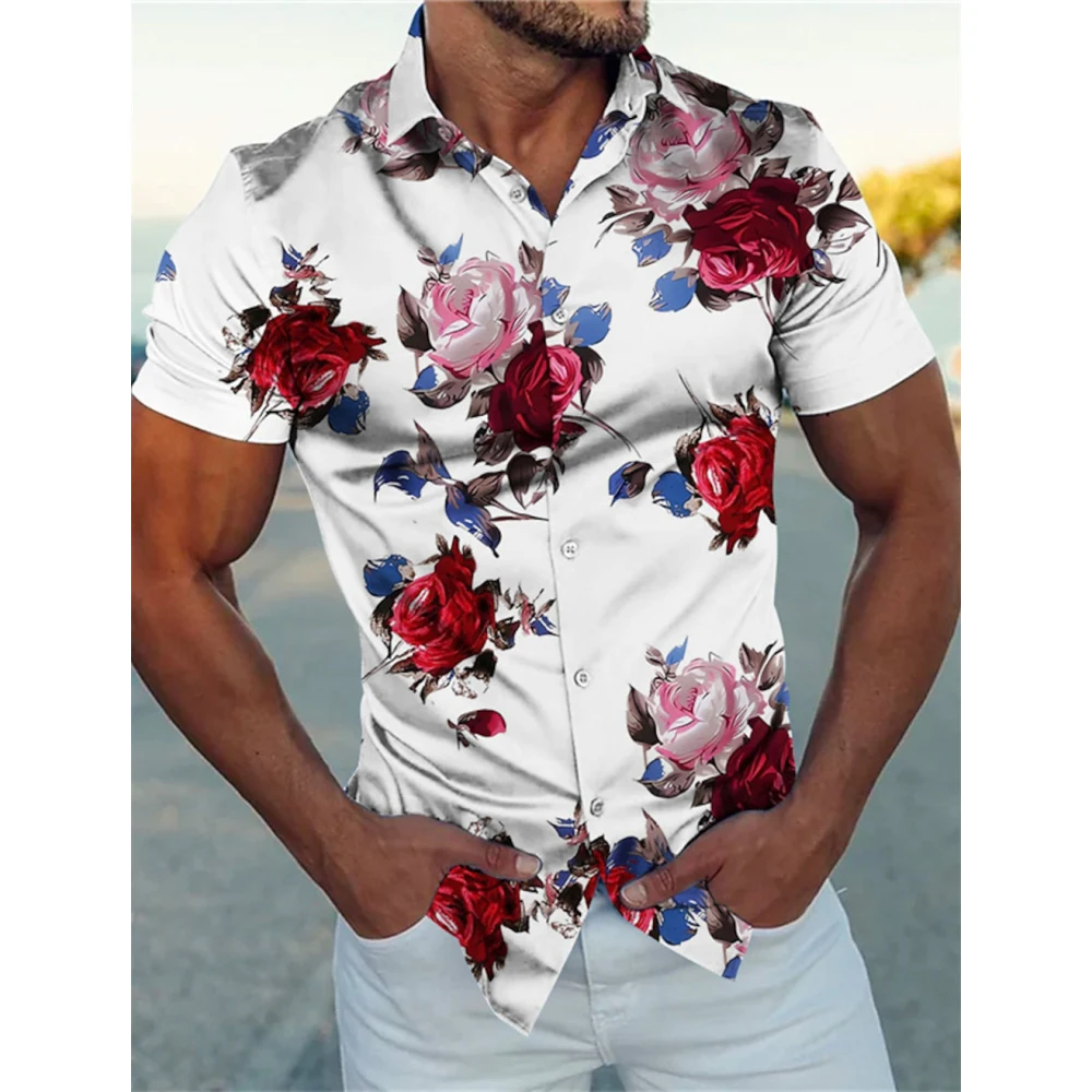 Men'scasual 3D Printed Floral Shirt Outdoor Street Wear to Work Summer Turndown Short Sleevesstretch Fabric