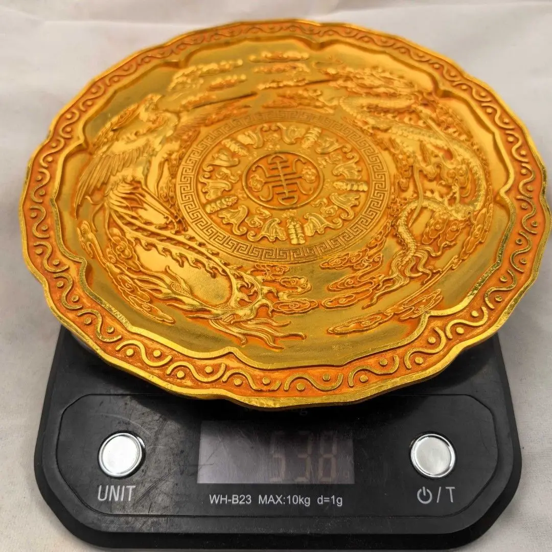 Antique Copper Curio Large Gilt Copper Plate with Scalloped Rim, Dragon Phoenix & Five Blessings Patterns