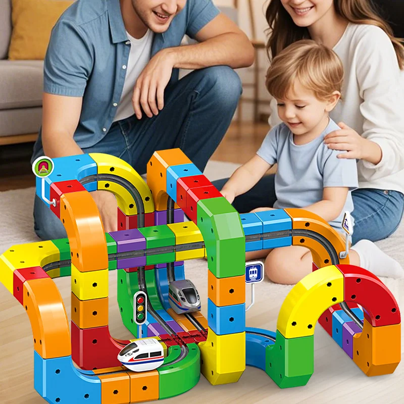 الأطفال ماجيك المسار قطار الكهربائية تجميعها اللبنات المغناطيسي السكك الحديدية سيارة المتاهة ألعاب تعليمية للأطفال هدايا عيد الميلاد