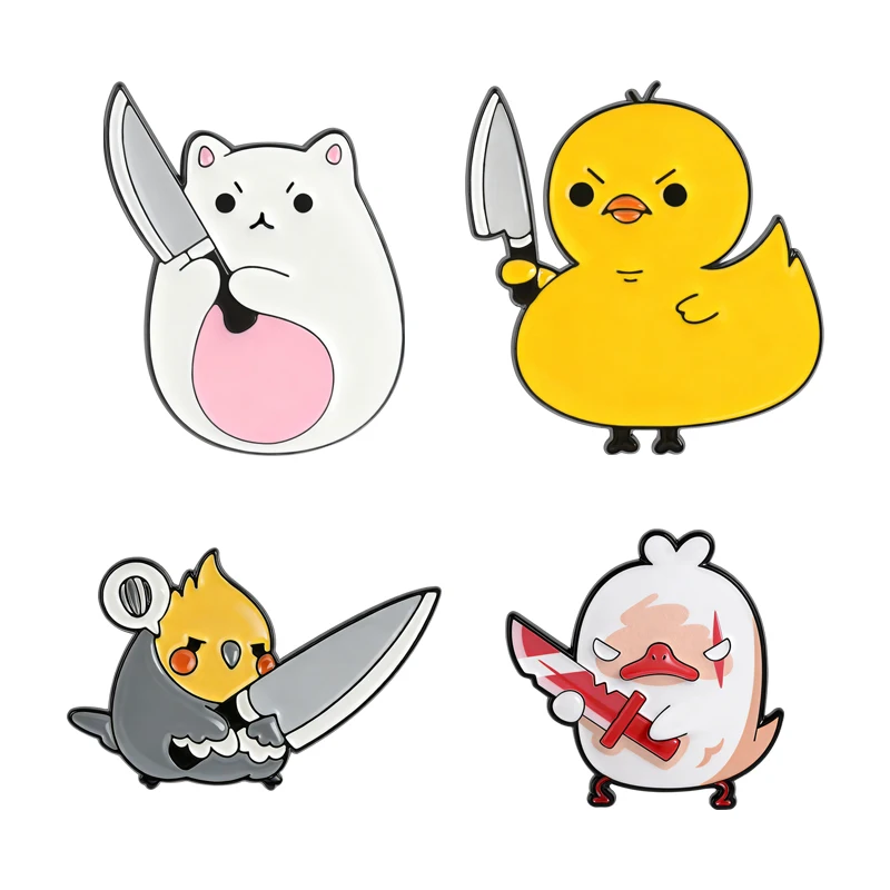 

Animal Holding Knife Enamel Pins Cartoon Anger Duck Parrot Cat Animal Metal Brooch Jacket Lapel Badge Jewelry Gift for Friends