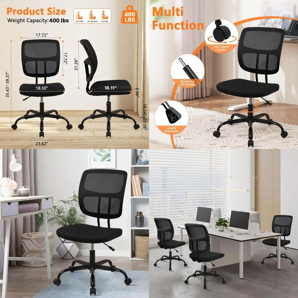 Ergonomic Mesh Office Chair with Armrests, Adjustable Height, Lumbar Support, and Swivel Wheels for Home and Office, Black, 2-Pa