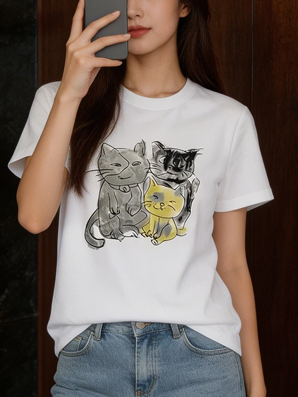 

plus Size Graffiti Print Short Sleeve T-Shirt Women's Fashion Loose Slimming Belly Covering Shoulder Appropriate Top