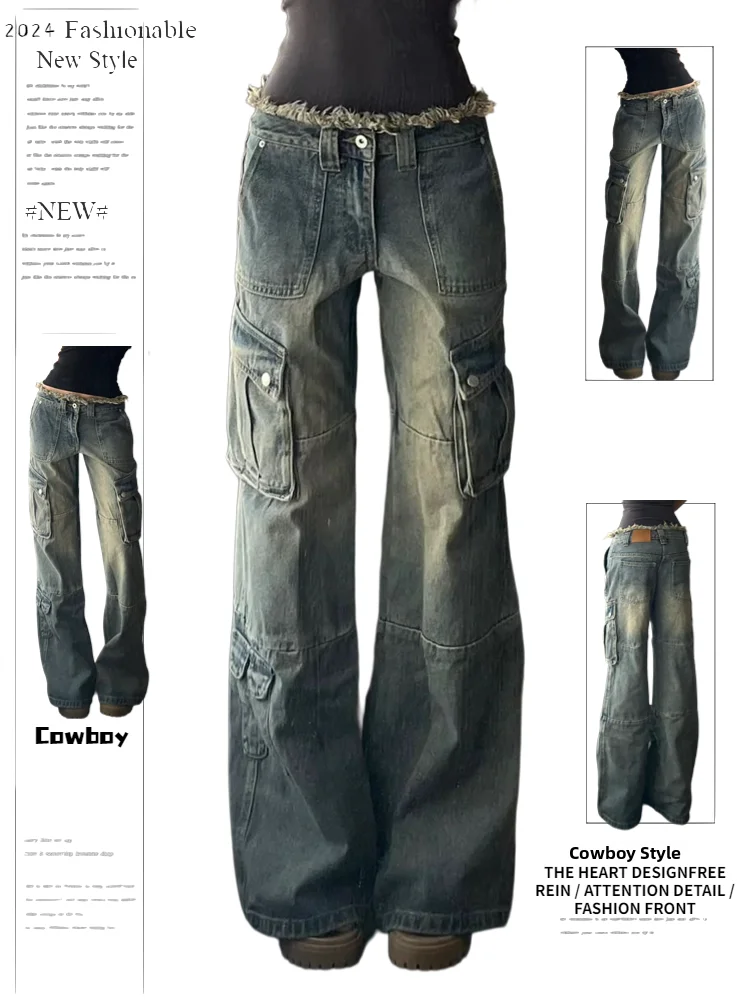 

Retro American Waed Multi-ket Workwear Denim Pants Women's Spicy Straight Loose Wide Leg Dra Long Trousers Trendy