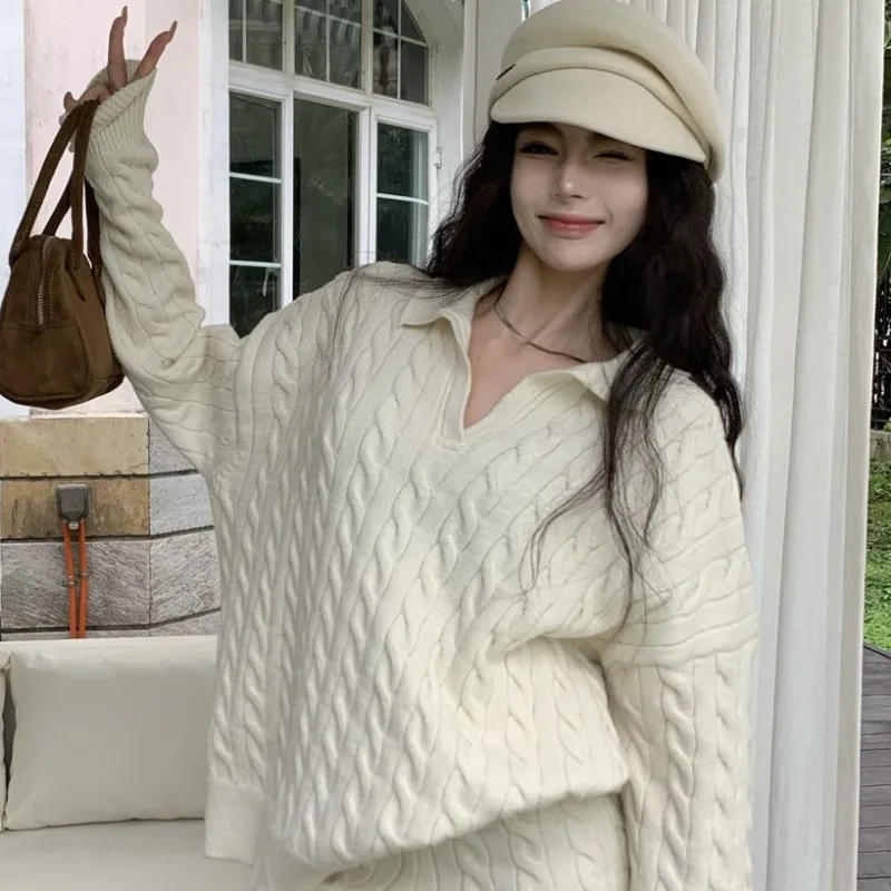 ชุดถัก cewek seksi หวานสำหรับผู้หญิง, เสื้อสเวตเตอร์คอโปโลกางเกงขาสั้นเอวสูงชุดสองชิ้นสำหรับฤดูใบไม้ร่วงและฤดูหนาว