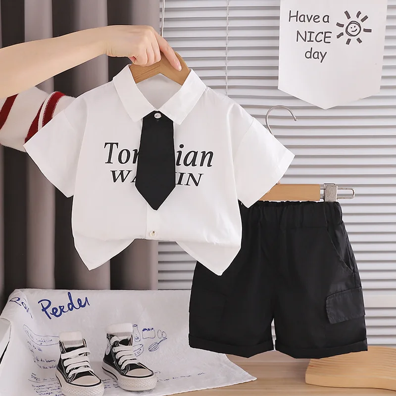 Versatile Toddler Boys Summer Outfit 2026 New Short Sleeve Tie Shirt and Cargo Shorts Set Kids Clothes for Party Daily School