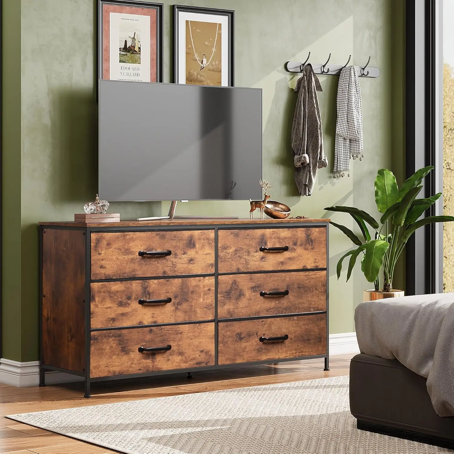 

6 Drawer Dresser for Bedroom Large, Fabric Wide Dresser TV Stand for 50, 55, 60 inch TV, Big Long Chest of Drawers