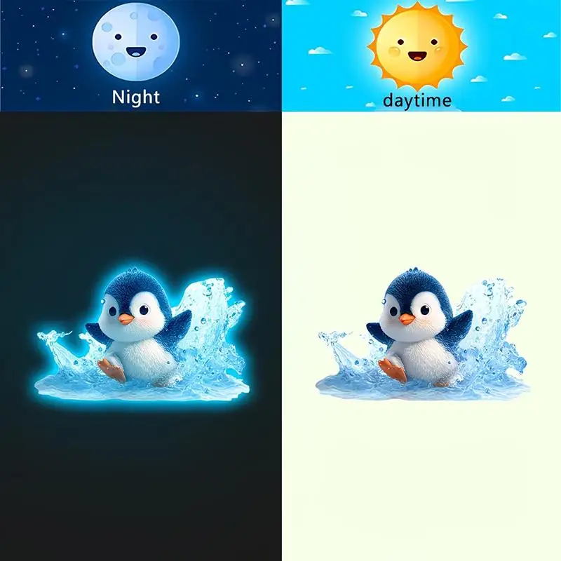 Glow In The Dark Penguin Toilet Sticker Luminous Glass Wall Decals Waterproof Removable Bathroom Decor for Kids Room