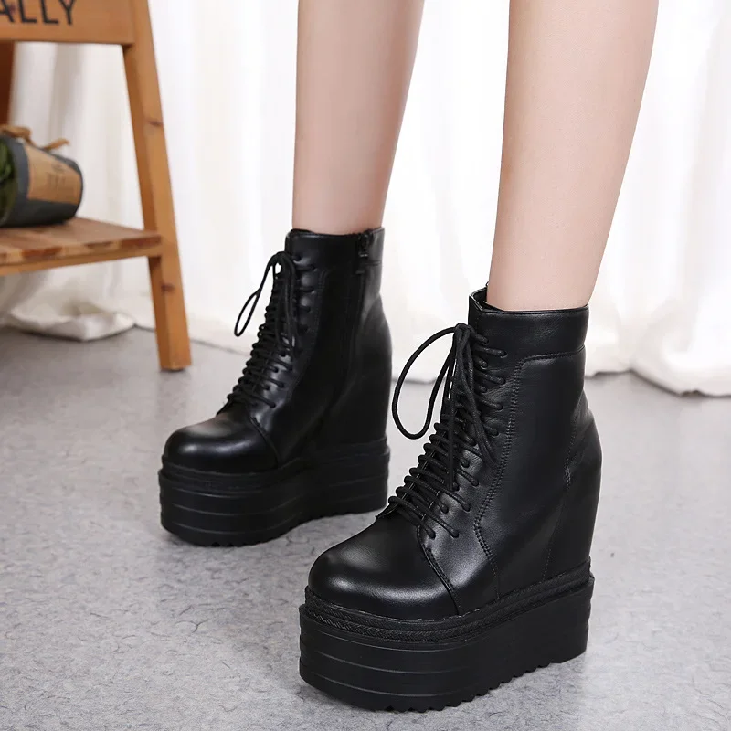13.5CM Punk Style Wedges Ankle Boots Black Rubber Sole Shoes Platform Boots Women Lacing Autumn Sexy lady Platform Heels Shoes